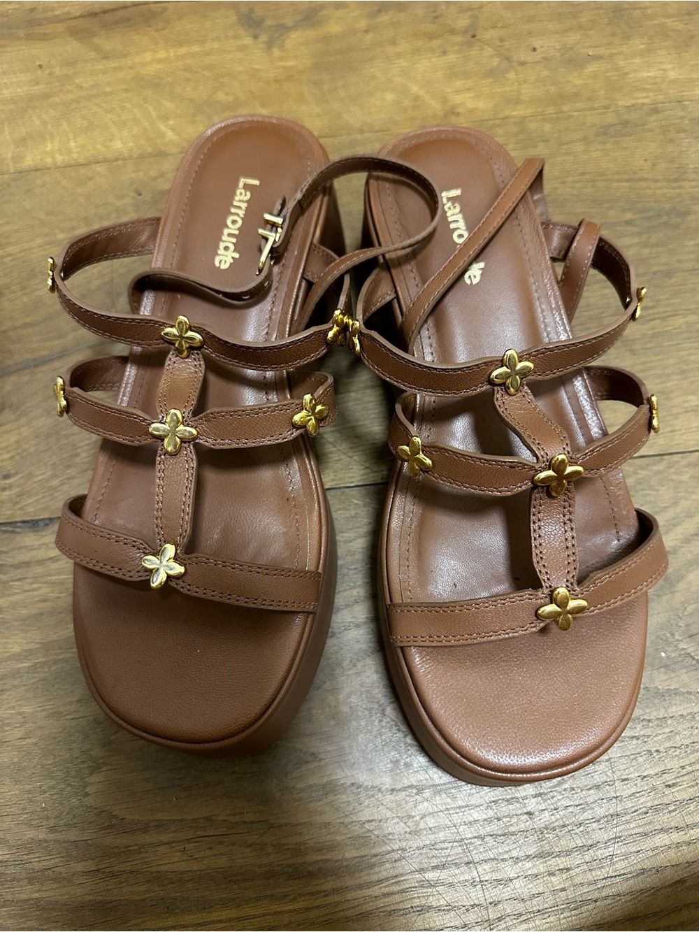 Larroude Brown Strappy Sandals with Gold Flower Accents